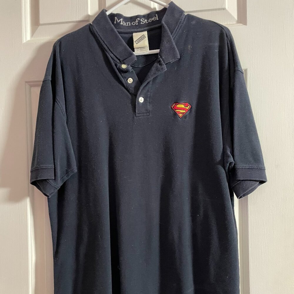 Men's Large (L) Navy Warner Bros Superman Logo Polo. Vintage